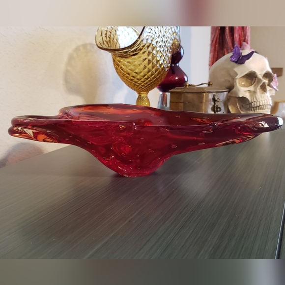 Handblown Red Art Glass Mid-Century Modern Atomic Bubble Vintage Ashtray Decor - Picture 6 of 11
